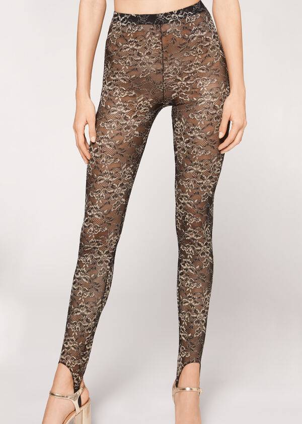 Women\'s Calzedonia Glitter Lace Stirrup Leggings Brown / Black | IE2655WY