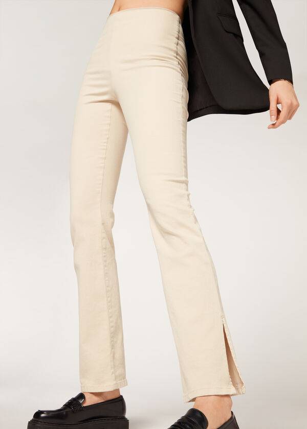 Women's Calzedonia High-Waist Flared in Denim with Slits Leggings Brown / Beige | IE2661CE