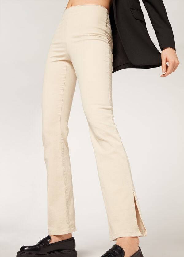 Women's Calzedonia High-Waist Flared in Denim with Slits Pants Brown / Beige | IE2732CE