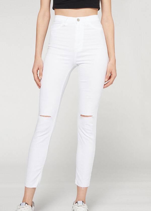 Women\'s Calzedonia High-Waist Skinny Jeans White | IE2602PQ