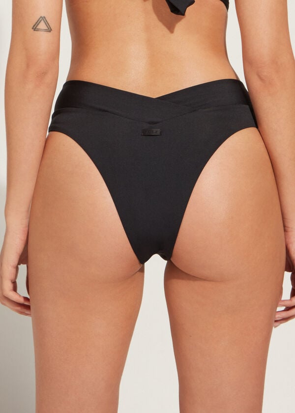 Women's Calzedonia High-Waist V-Cut Brazilian Indonesia Eco Bikini Bottoms Black | IE1466DN