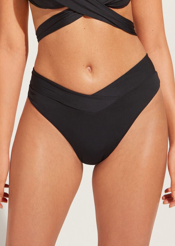 Women\'s Calzedonia High-Waist V-Cut Brazilian Indonesia Eco Bikini Bottoms Black | IE1466DN