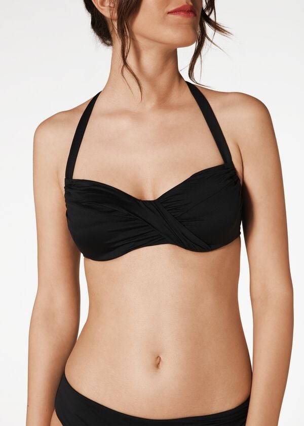 Women's Calzedonia Indonesia C-Cup Balconette Drawstring Bikini Tops Black | IE1771YU