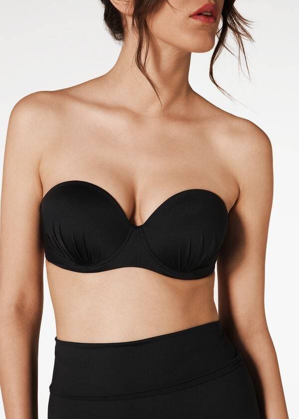 Women's Calzedonia Indonesia Push-Up Bandeau Bikini Tops Black | IE1775PQ