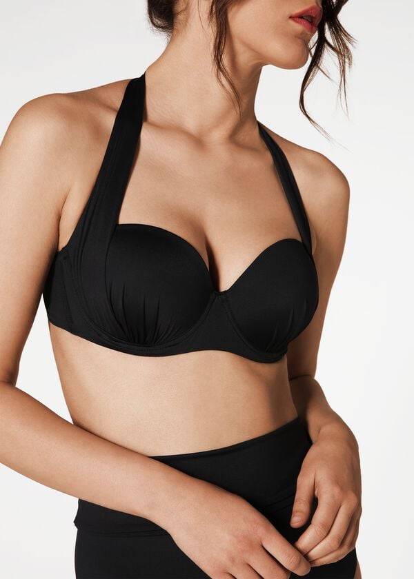 Women's Calzedonia Indonesia Push-Up Bandeau Bikini Tops Black | IE1775PQ