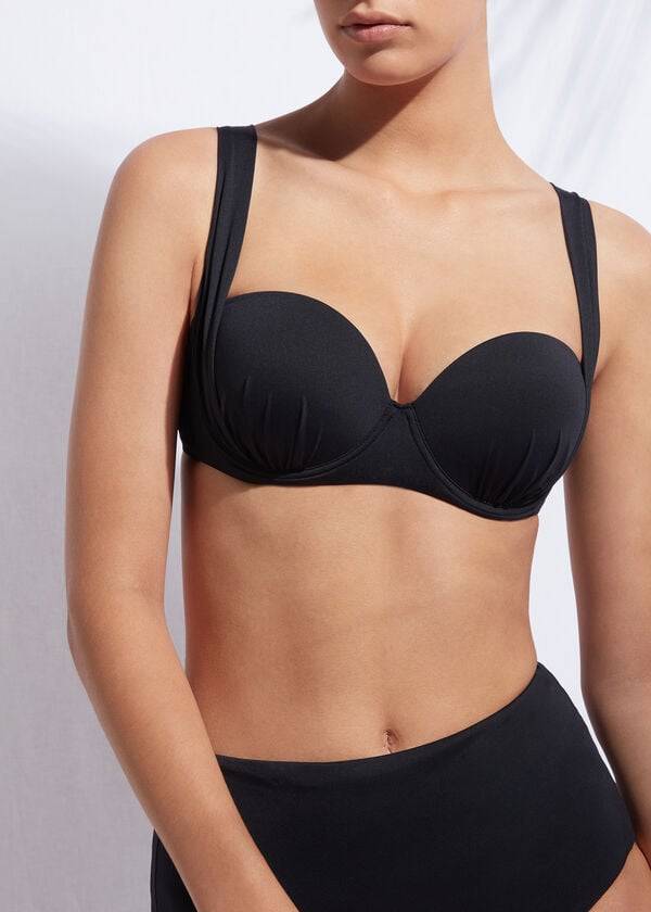 Women\'s Calzedonia Indonesia Push-Up Bandeau Bikini Tops Black | IE1775PQ