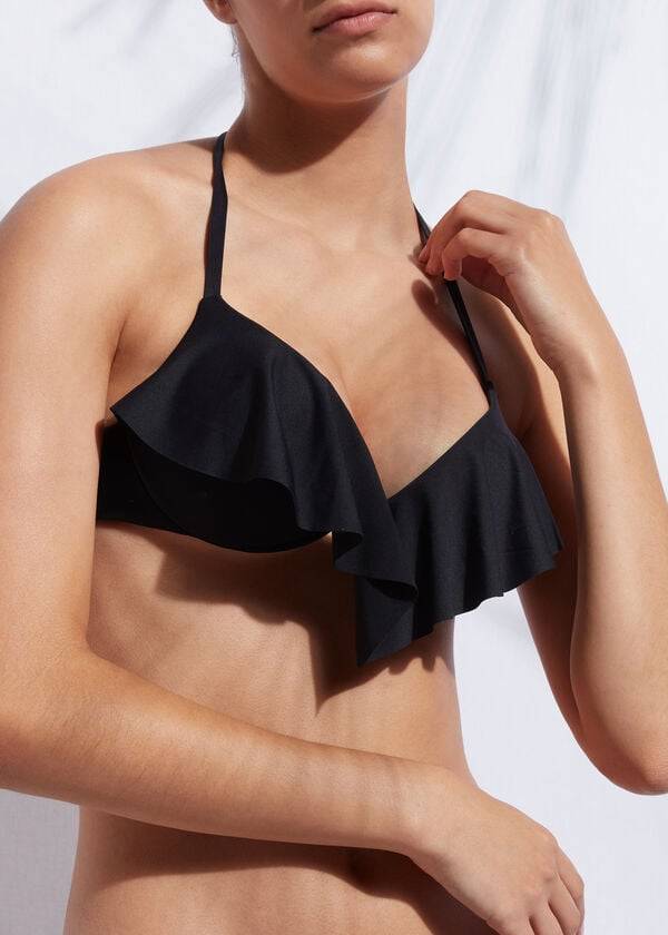 Women's Calzedonia Indonesia Ultra Push Up Ruffle Bikini Tops Black | IE1776AP