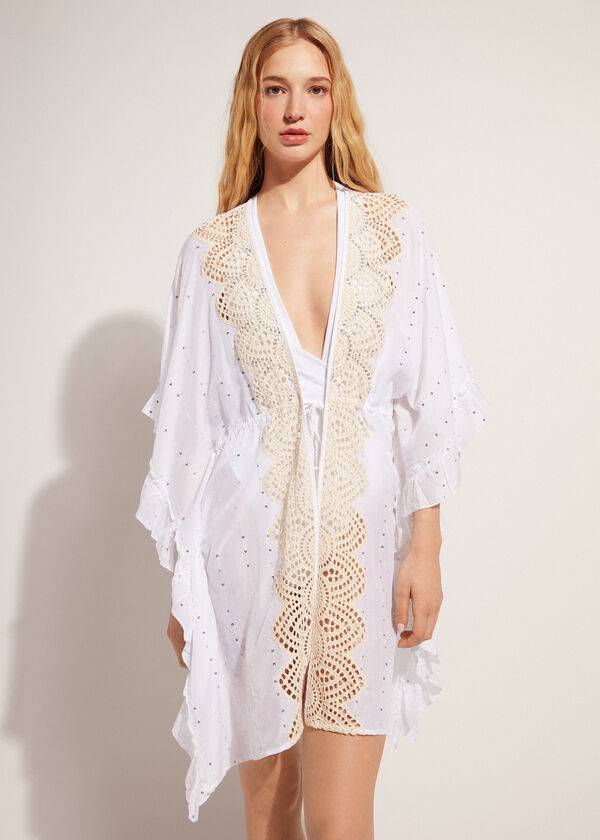 Women\'s Calzedonia Kimono Caftan with Sangallo Lace and Sequins Cover Ups White | IE2085IS