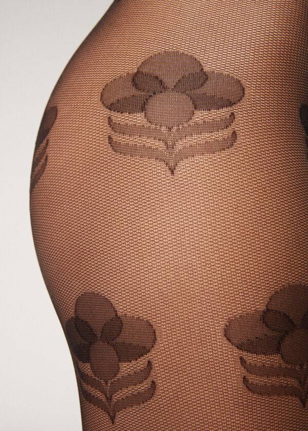 Women's Calzedonia Large Floral Tulle Patterned Tights Black | IE1109ZG