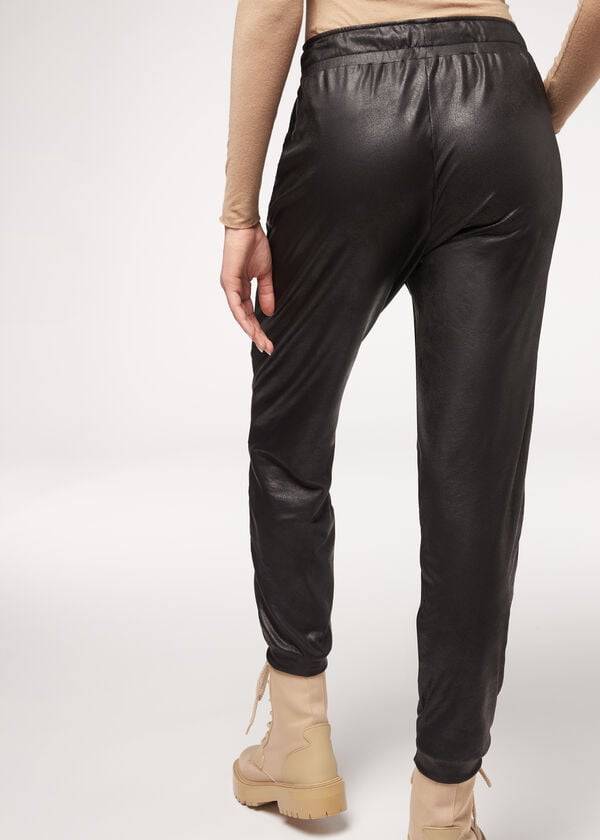 Women's Calzedonia Leather Effect Thermal Pants Black | IE2735LH