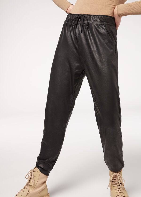 Women's Calzedonia Leather Effect Thermal Pants Black | IE2735LH