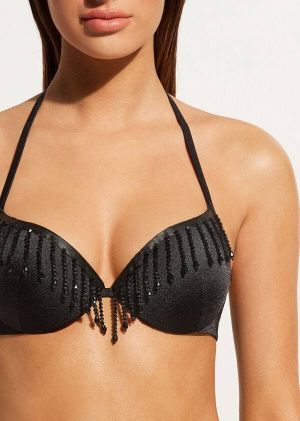 Women's Calzedonia Lightly Padded Push-up Taipei Bikini Tops Black | IE1777SO