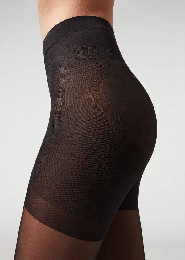 Women's Calzedonia Longuette-effect Total Shaper Patterned Tights Black | IE1112VD