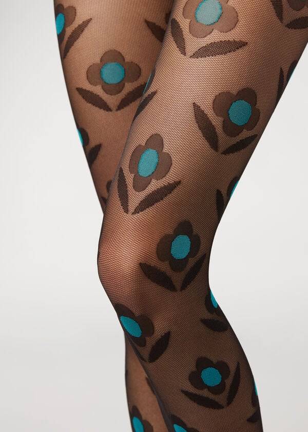 Women's Calzedonia Macro Daisy Micronet Patterned Tights Black / Blue | IE1113BC