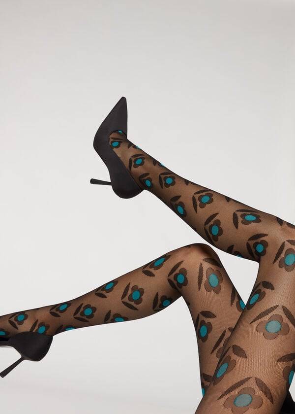 Women's Calzedonia Macro Daisy Micronet Patterned Tights Black / Blue | IE1113BC