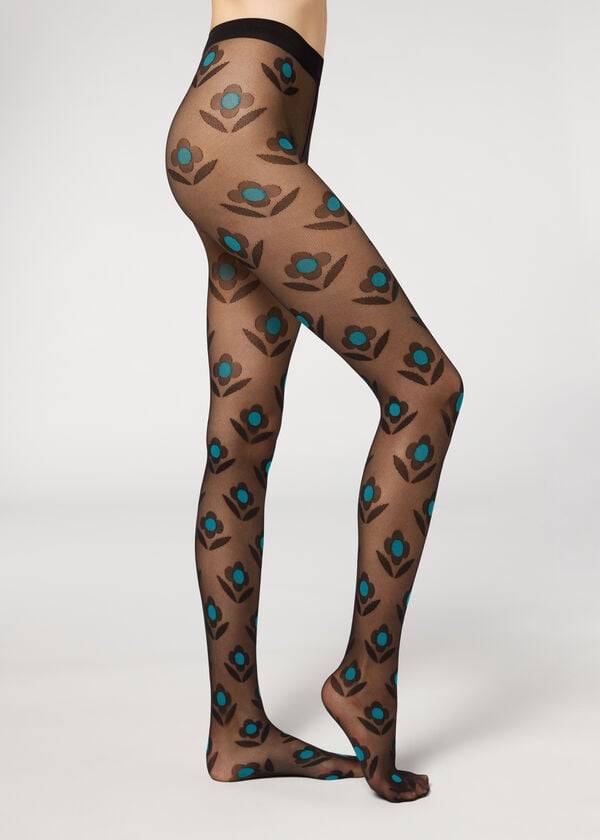 Women\'s Calzedonia Macro Daisy Micronet Patterned Tights Black / Blue | IE1113BC