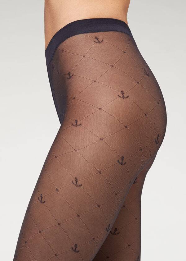 Women's Calzedonia Marine Sheer 50 Denier Patterned Tights Blue | IE1114NB