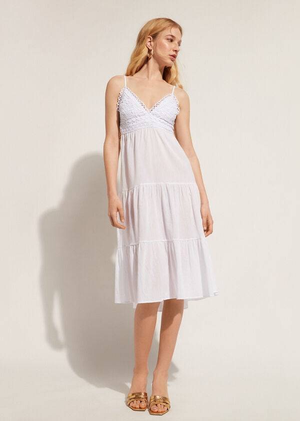 Women's Calzedonia Midi Dress in Macramé Lace and Ruffled Skirt Cover Ups White | IE2104QZ