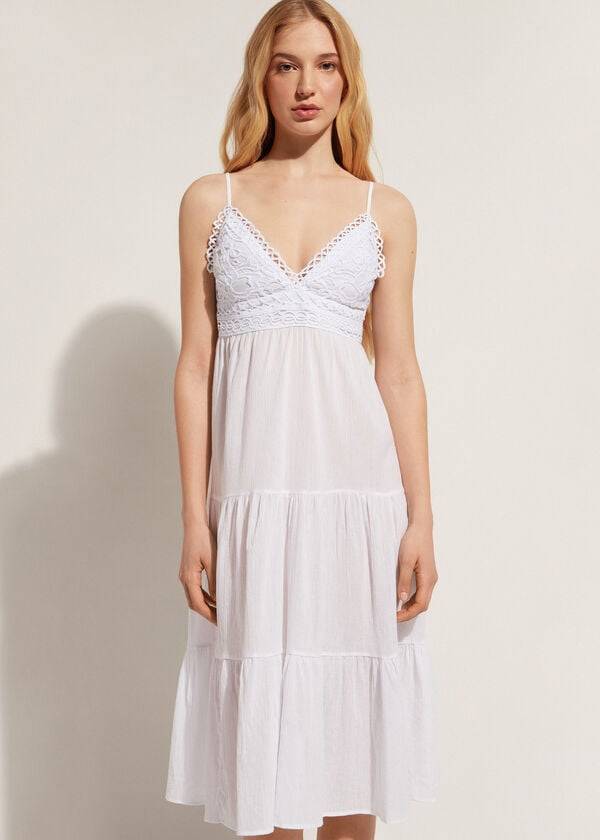 Women\'s Calzedonia Midi Dress in Macramé Lace and Ruffled Skirt Cover Ups White | IE2104QZ