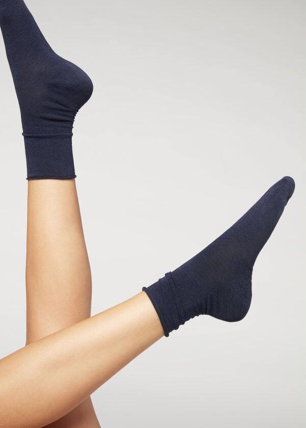 Women\'s Calzedonia Non-Elastic Cotton Ankle Short Socks Navy | IE2453EX