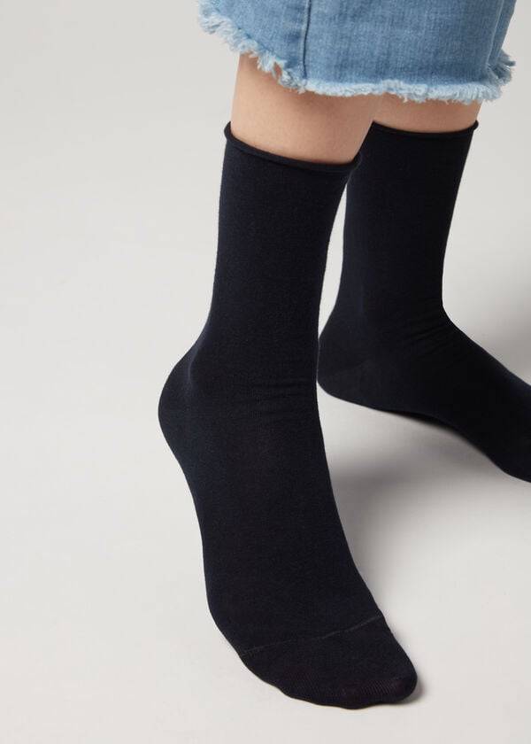 Women\'s Calzedonia Non-Elastic Cotton Ankle Short Socks Navy / Blue | IE2454WY