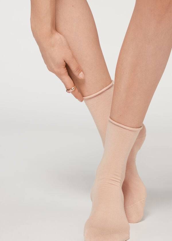 Women\'s Calzedonia Non-Elastic Cotton Ankle Short Socks Beige | IE2460CE