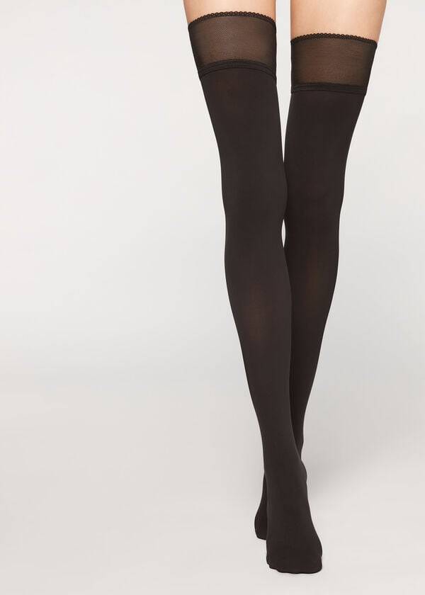 Women's Calzedonia Opaque soft touch Thigh-Highs Stockings Black | IE1268VD