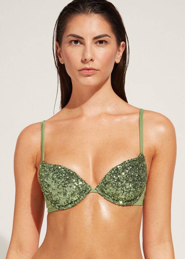 Women\'s Calzedonia Padded Push-Up Cannes rosa Bikini Tops Green | IE1842NB