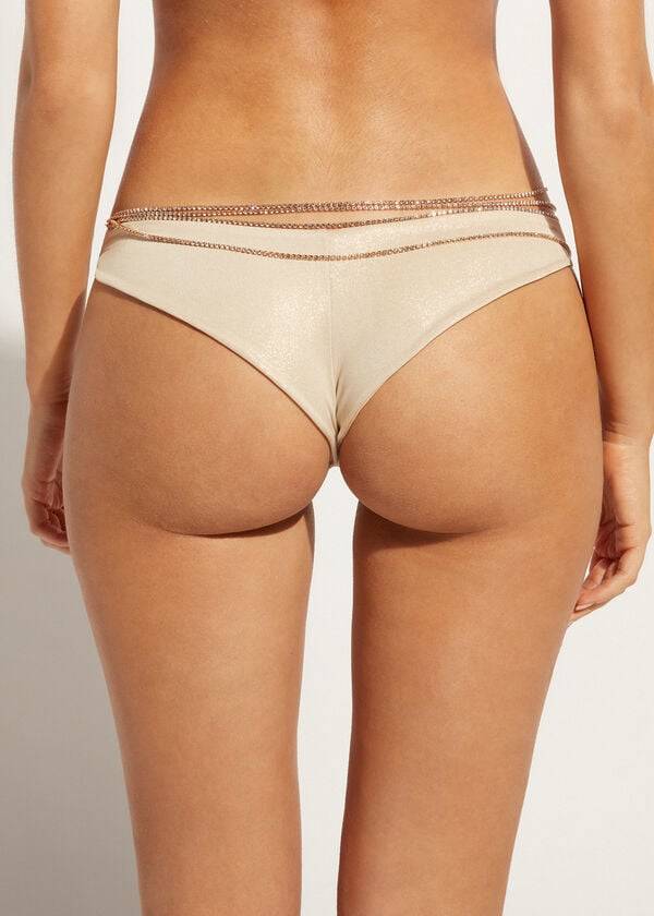 Women's Calzedonia Rhinestone Brazilian Luxor Bikini Bottoms Gold | IE1515PQ