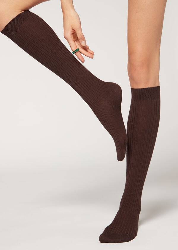 Women\'s Calzedonia Ribbed Cashmere Long Socks Brown | IE2245SO