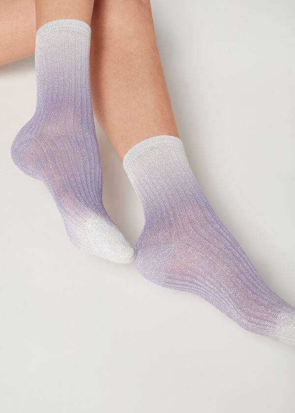 Women\'s Calzedonia Ribbed Faded with Glitter Short Socks Purple | IE2475UT