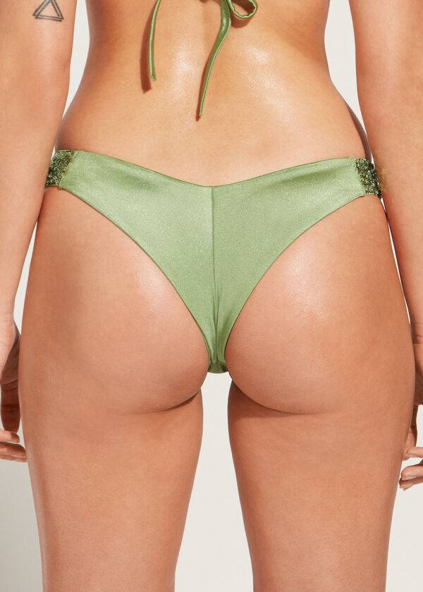 Women's Calzedonia Sequined High-Cut Brazilian Cannes Bikini Bottoms Green | IE1544DN