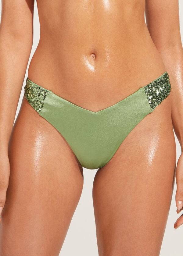 Women\'s Calzedonia Sequined High-Cut Brazilian Cannes Bikini Bottoms Green | IE1544DN