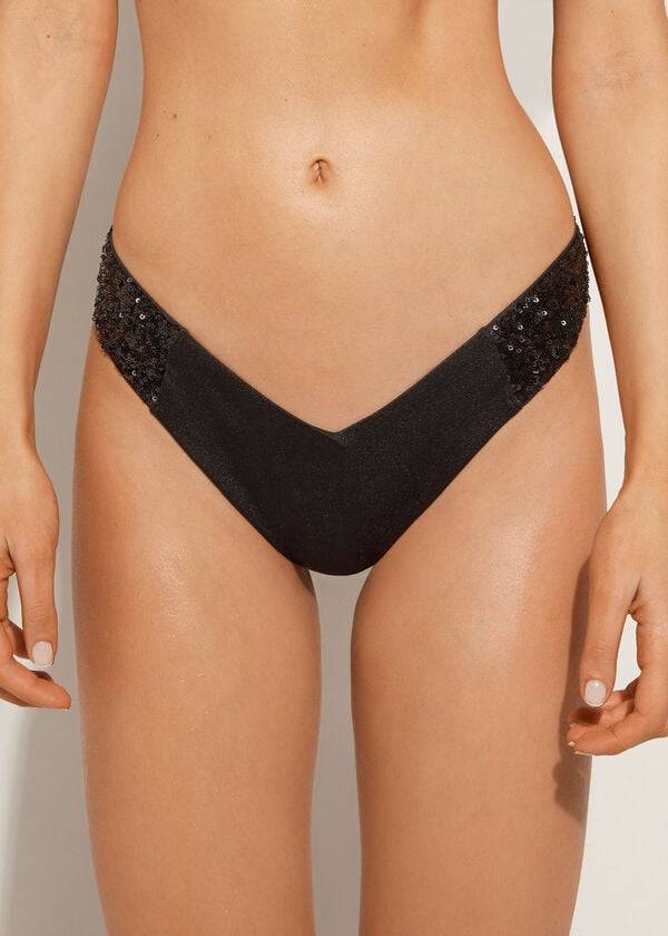 Women\'s Calzedonia Sequined High-Cut Brazilian Cannes Cheeky Bikini Bottoms Black | IE1545FM