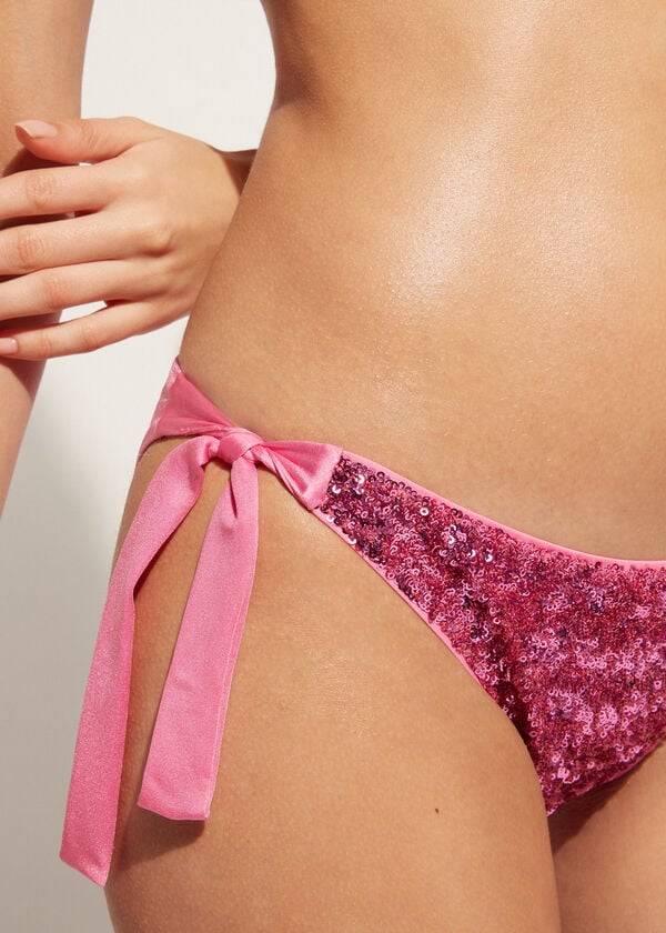 Women's Calzedonia Sequined Side-Tie Cannes Bikini Bottoms Pink | IE1550LH