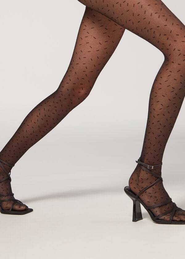 Women's Calzedonia Sheer 30 Denier All-Over Dash Patterned Tights Black | IE1127SO