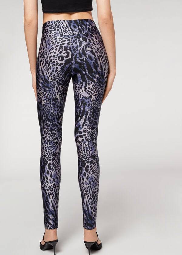 Women's Calzedonia Shiny Animal-Print Athletic Leggings Blue / Grey | IE2680EX