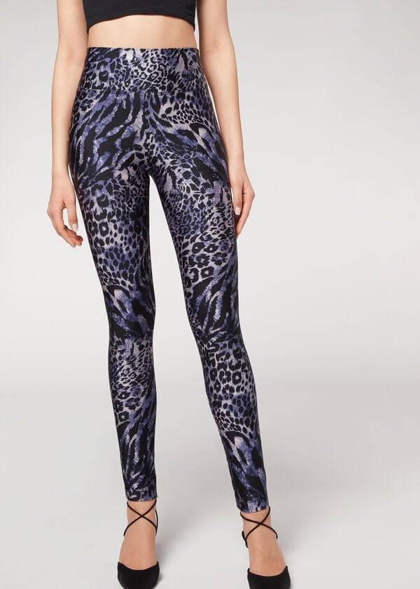 Women\'s Calzedonia Shiny Animal-Print Athletic Leggings Blue / Grey | IE2680EX