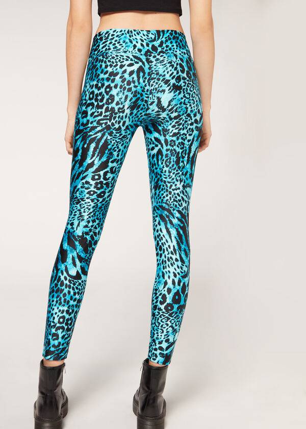 Women's Calzedonia Shiny Animal-Print Athletic Leggings Turquoise | IE2681WY