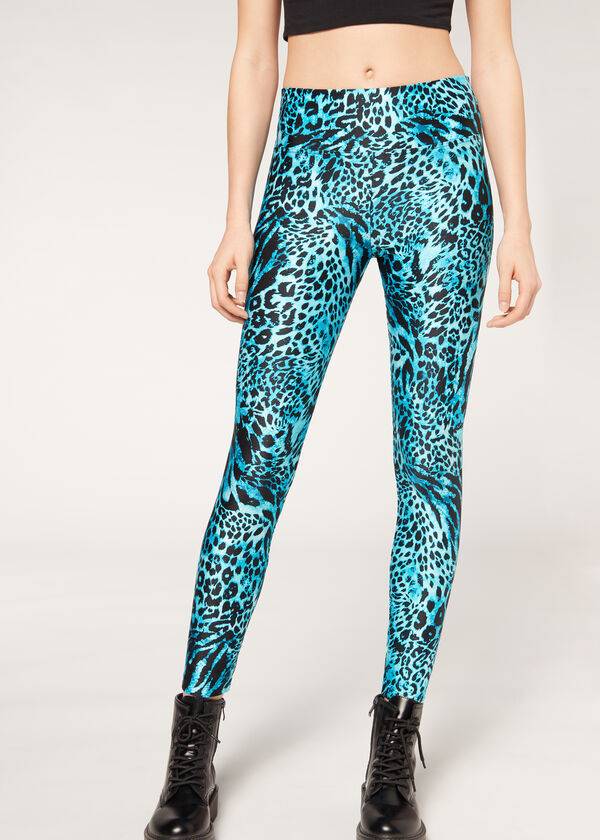 Women\'s Calzedonia Shiny Animal-Print Athletic Leggings Turquoise | IE2681WY