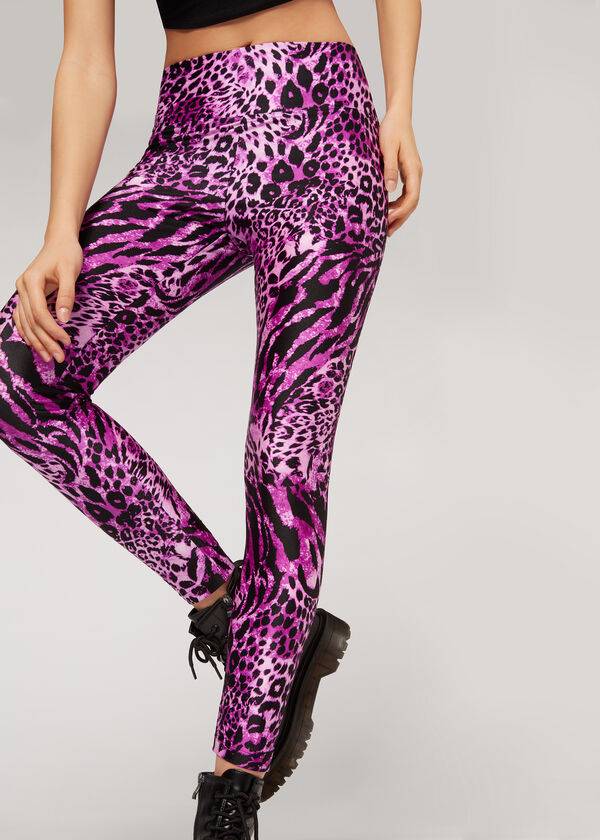 Women's Calzedonia Shiny Animal-Print Athletic Leggings Pink | IE2682QZ