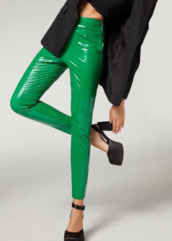 Women's Calzedonia Skinny in Thermal Vinyl Leggings Green | IE2687CE