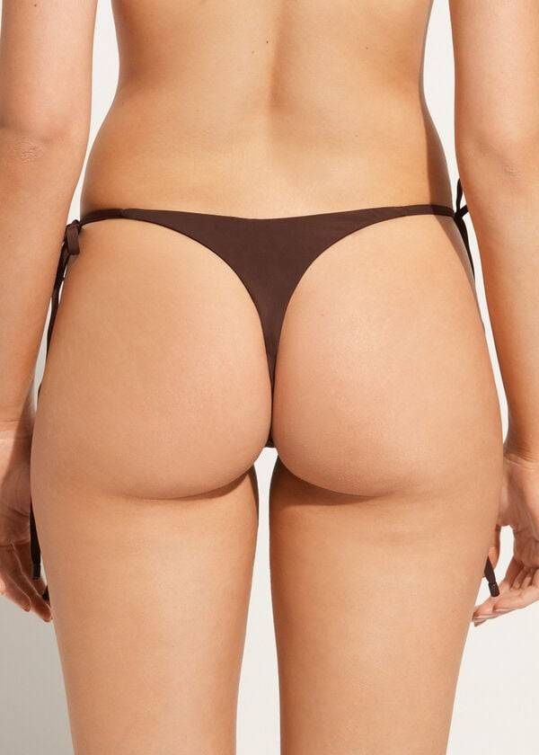 Women's Calzedonia String Thong Islamorada Bikini Bottoms Coffee Brown | IE1618OR