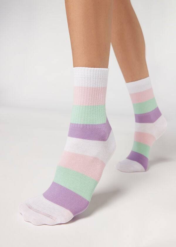 Women\'s Calzedonia Stripe Patterned Short Socks White | IE2542KI