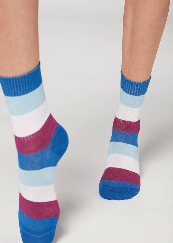 Women\'s Calzedonia Stripe Patterned Short Socks Blue | IE2543JJ