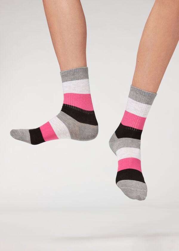 Women\'s Calzedonia Stripe Patterned Short Socks Grey | IE2544HK