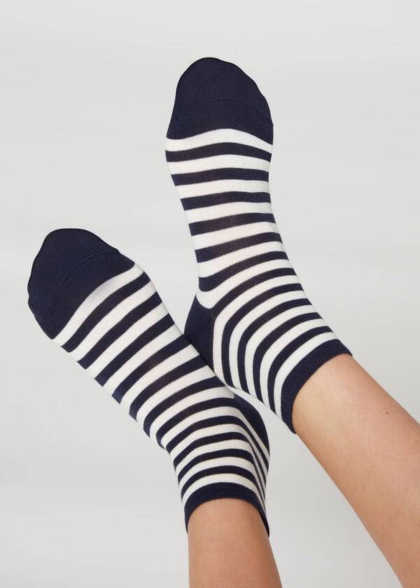 Women\'s Calzedonia Stripe Patterned Short Socks Blue | IE2546FM