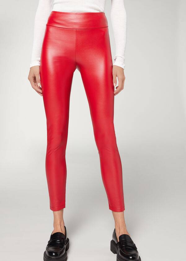 Women\'s Calzedonia Thermal Leather Effect Leggings Red | IE2699AP