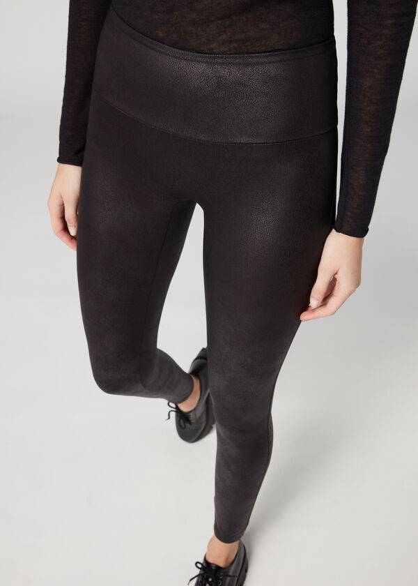 Women's Calzedonia Total Shaper Faux Leather Leggings Black | IE2705TV