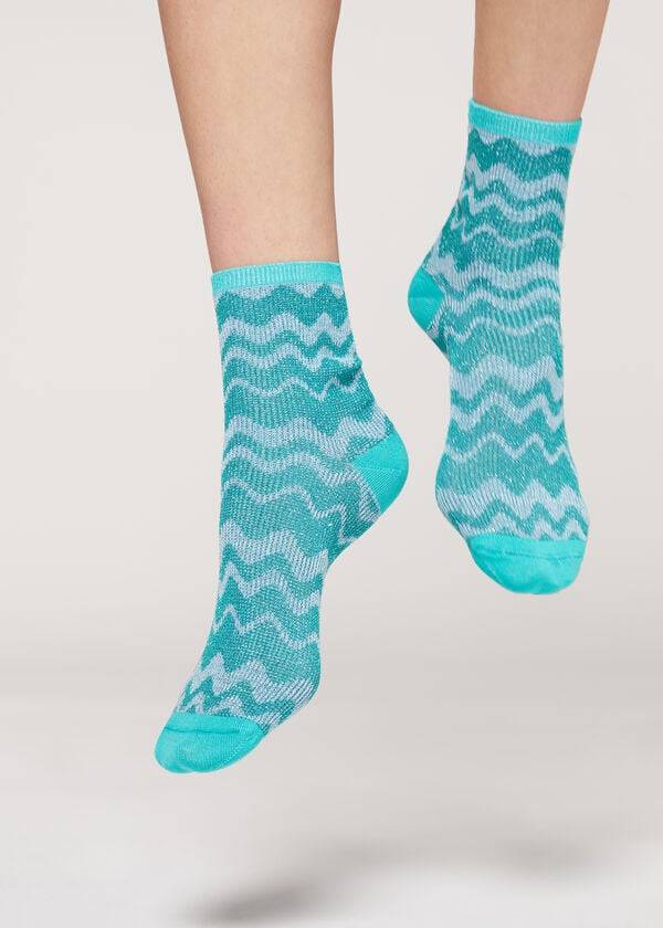 Women\'s Calzedonia Wave Motif with Glitter Short Socks Turquoise | IE2556RW